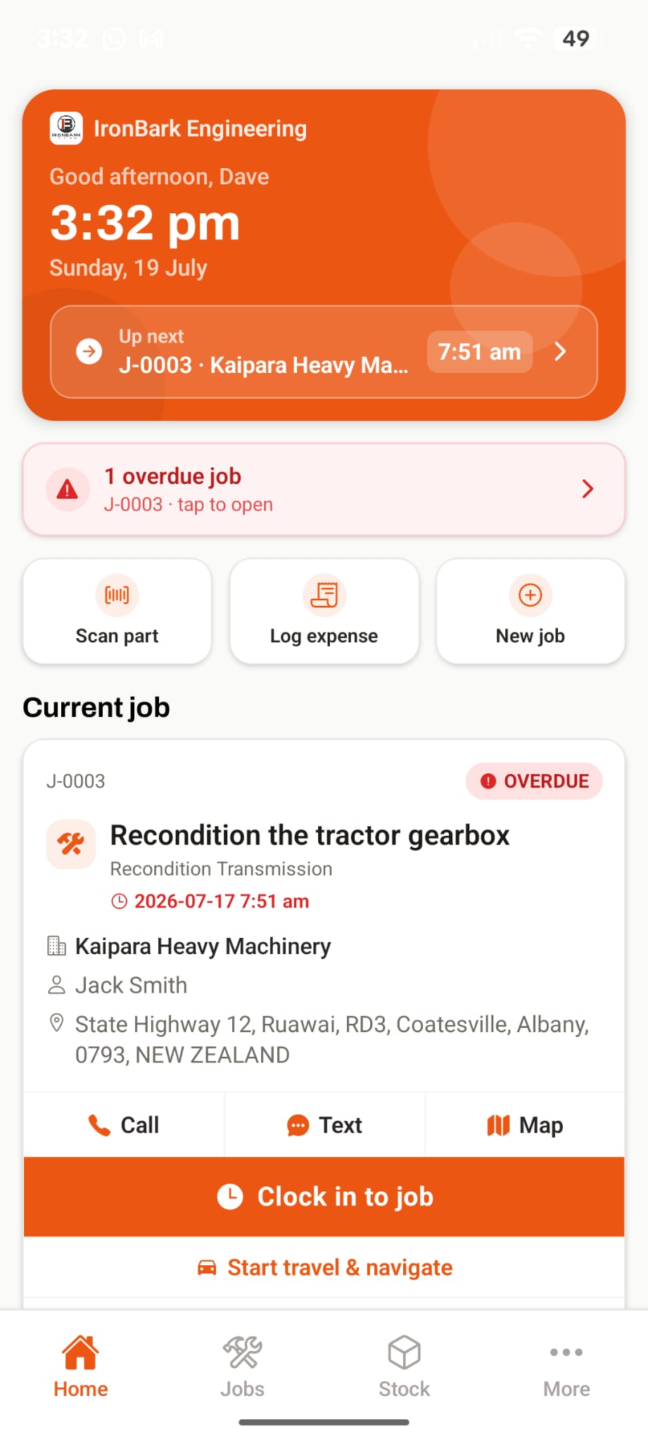 WorkshopMax field app home screen showing the live time, next job, an overdue job and a clock-in button